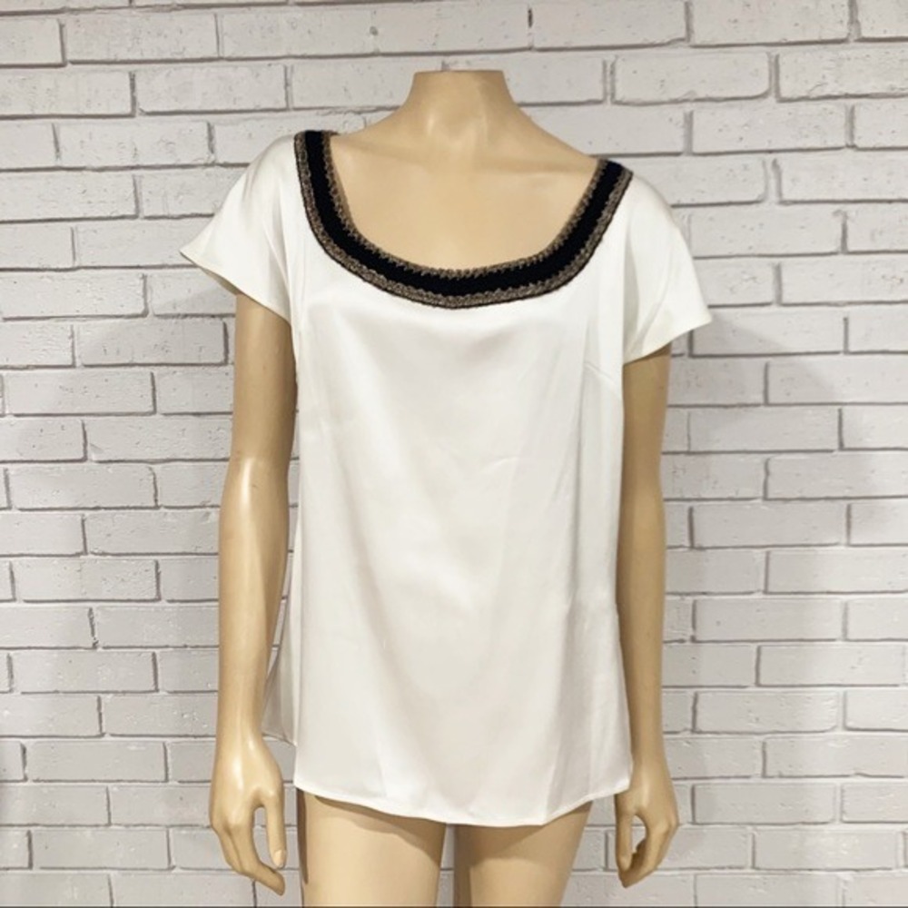 St. John Collection Liquid Satin Blouse Cream Metallic Trim Old Money NWT 6